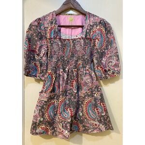 Healing Hands Scrub Top Women M Pink Grey Paisley Smocked Square Neck Boho Nurse